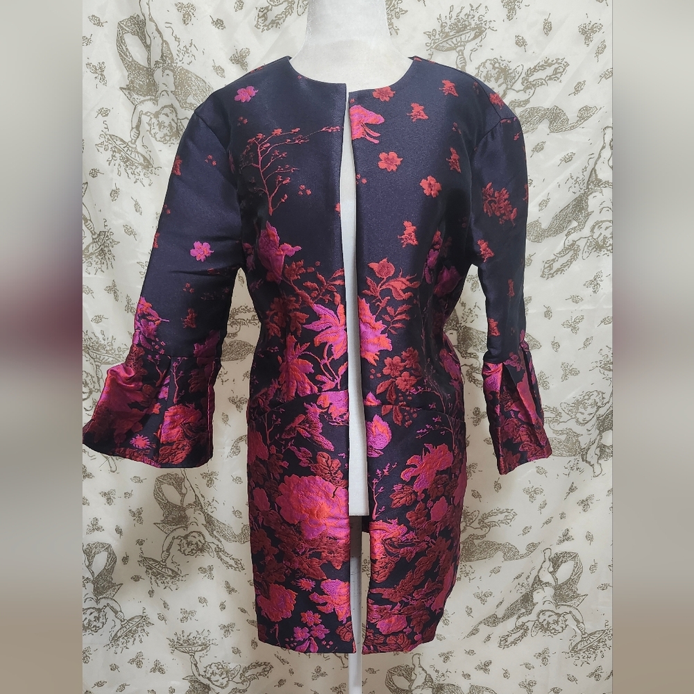 Eva Franco Anthropologie purple and red pink floral bell cuff sleeve dress coat